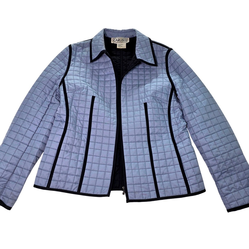 CARLISLE Quilted Jacket Periwinkle Black Trim Collar Zip‎ Front Women's Size